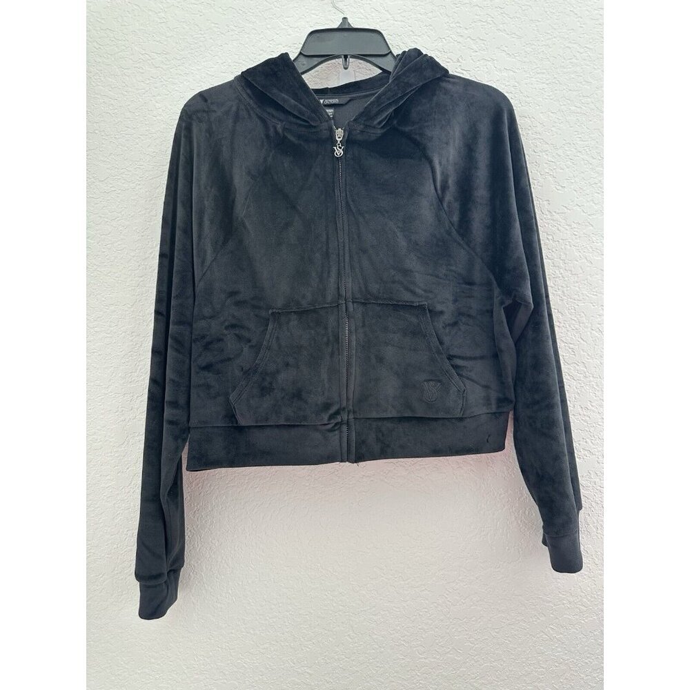 Victoria's Secret ON POINT Womens Jacket XS Black Full Zip Pocket Crop Velvet